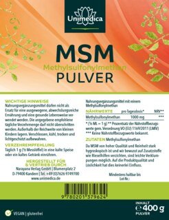 MSM Pulver 400 g  Reinheitsgrad 99 % - 1.000 mg pro Tagesdosis (½ Messlöffel) - von Unimedica