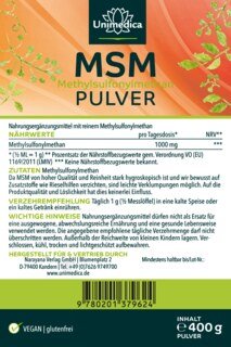 MSM Pulver 400 g  Reinheitsgrad 99 % - 1.000 mg pro Tagesdosis - Sonderangebot kurze Haltbarkeit - von Unimedica