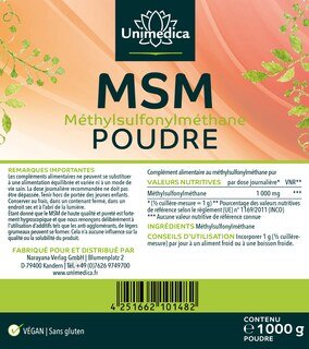 MSM en poudre - 1000 mg par dose journalière - 1 000 g - degré de pureté 99 % par Unimedica