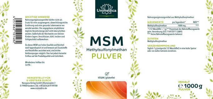 MSM Pulver - 1000 mg pro Tagesdosis (½ Messlöffel) - Reinheitsgrad 99 % - 1000 g - von Unimedica