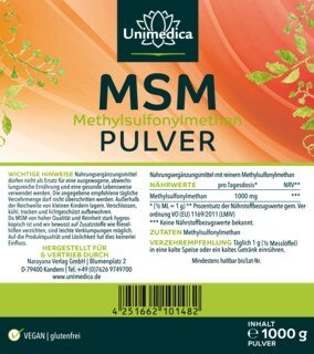 MSM Pulver - 1000 mg pro Tagesdosis - 1000 g  Reinheitsgrad 99% von Unimedica