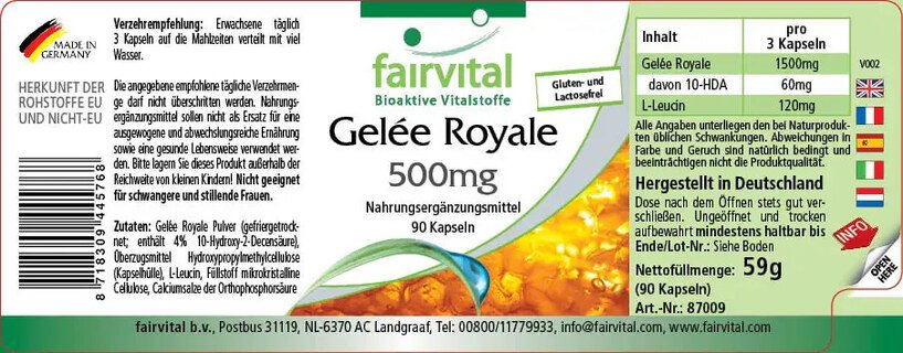 Extrait de gelée royale 500 mg  90 gélules