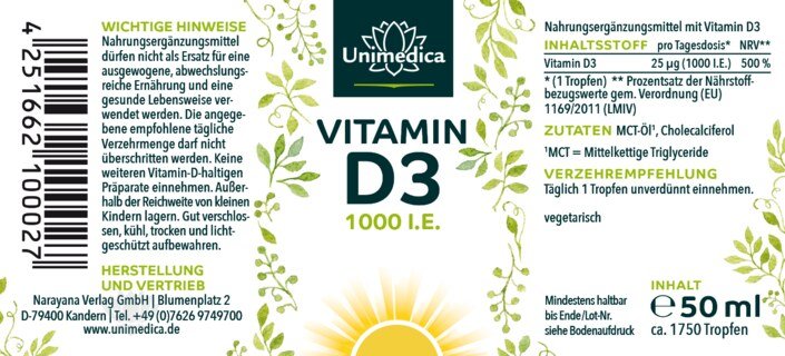 Vitamin D3 Tropfen - 1000 I.E. / 25 µg pro Tagesdosis  - 50 ml - von Unimedica