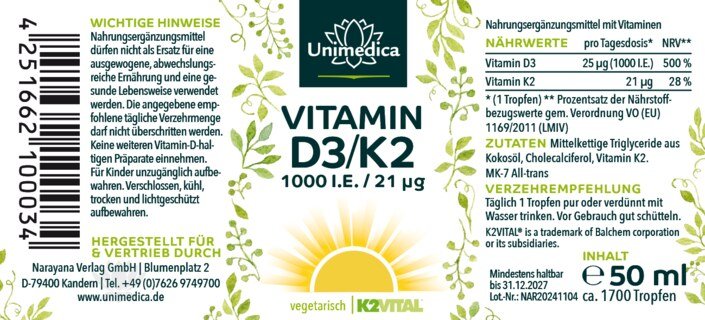 Vitamin D3 / K2 MK7 All-trans - K2VITAL® - D3 1000 I.E. 25 µg  / K2 21 µg pro Tagesdosis (täglich 1 Tropfen) - 50 ml - von Unimedica