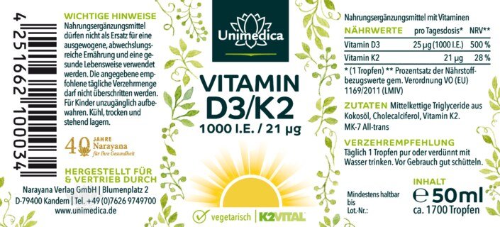 Vitamin D3 / K2 MK7 All-trans - K2VITAL® - D3 1000 I.E. 25 µg  / K2 21 µg - Tropfen - 50 ml - von Unimedica