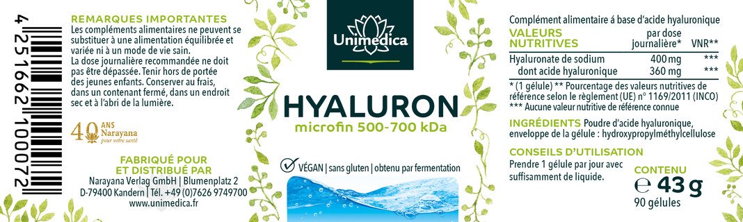 Hyaluron - Gélules d'acide hyaluronique microfin de 500 à 700 kDa  hautement dosé - Unimedica - 90 gélules