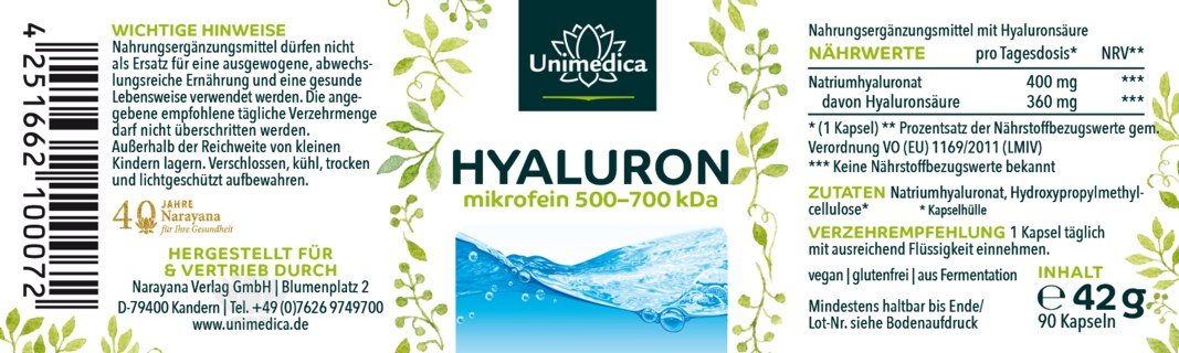 Hyaluron - 360 mg pro Tagesdosis (1 Kapsel) - mikrofein 500-700 kDa - hochdosiert - 90 Kapseln - von Unimedica