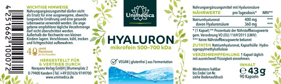 Hyaluron - 360 mg - mikrofein 500-700 kDa - hochdosiert - 90 Kapseln - von Unimedica
