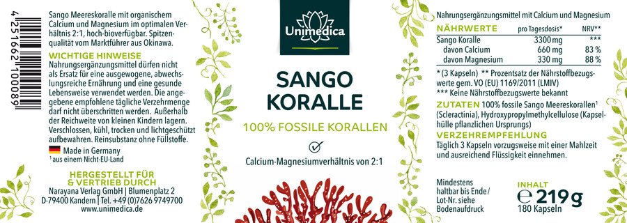 Sango Koralle - 100 % Fossile Korallen - 1100 mg - 180 Kapseln - von Unimedica