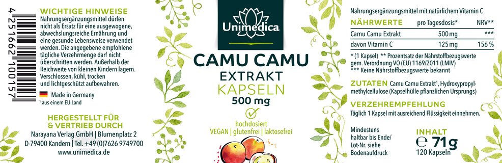 Camu Camu Extrakt - 500 mg pro Tagesdosis (1 Kapsel) - hochdosiert - 120 Kapseln - von Unimedica