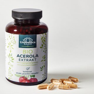 Natürliches Vitamin C - Bio Acerola Extrakt - 988 mg pro Tagesdosis (2 Kapseln) - 180 Kapseln - von Unimedica