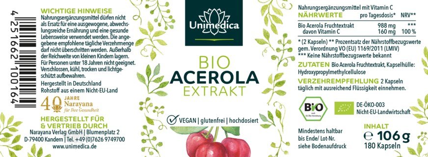 Natürliches Vitamin C - Bio Acerola Extrakt - 988 mg pro Tagesdosis (2 Kapseln) - 180 Kapseln - von Unimedica