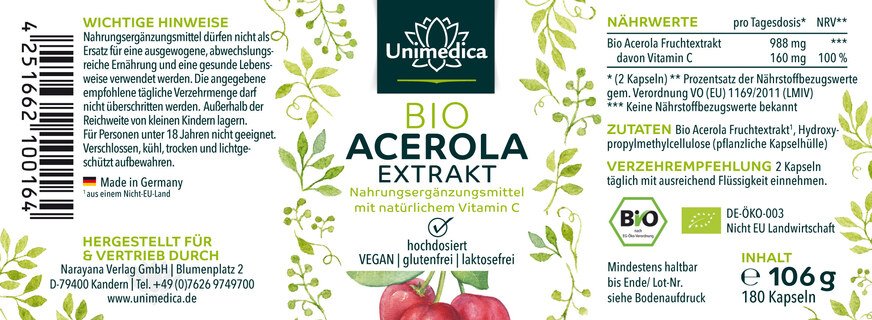 Natürliches Vitamin C - Bio Acerola Extrakt - 988 mg pro Tagesdosis (2 Kapseln) - 180 Kapseln - von Unimedica