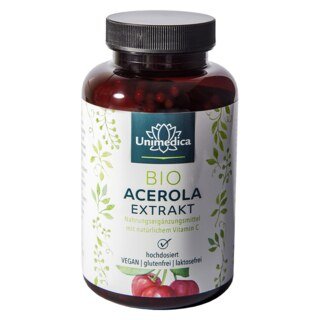 Natürliches Vitamin C - Bio Acerola Extrakt - 988 mg pro Tagesdosis (2 Kapseln) - 180 Kapseln - von Unimedica/