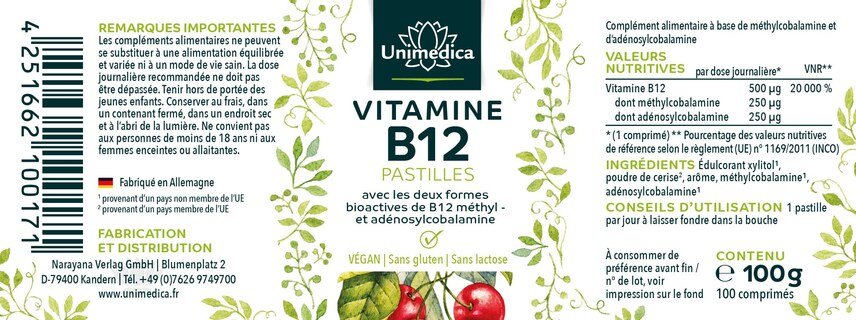 Pastilles de vitamine B12 - 100 comprimés à sucer - par dose journalière - Unimedica