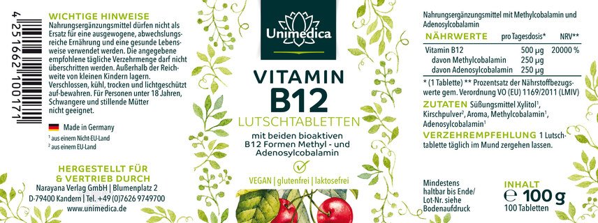 Vitamin B12 - 500 µg pro Tagesdosis (1 Tablette) - 100 Lutschtabletten - von Unimedica