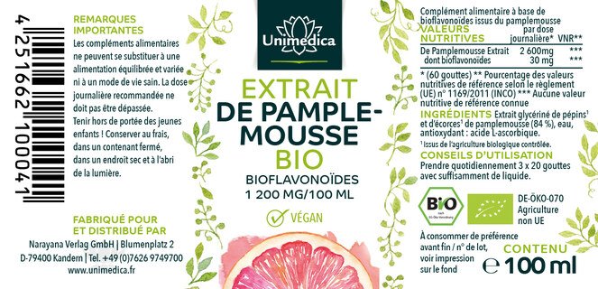 Extrait de pépins de pamplemousse biologique - 2600 mg par dose quotidienne (3 x 20 gouttes) - 100 ml - par Unimedica