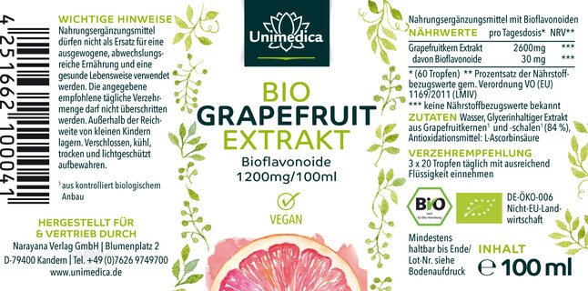 Extrait de pépins de pamplemousse biologique - 2600 mg par dose quotidienne (3 x 20 gouttes) - 100 ml - par Unimedica