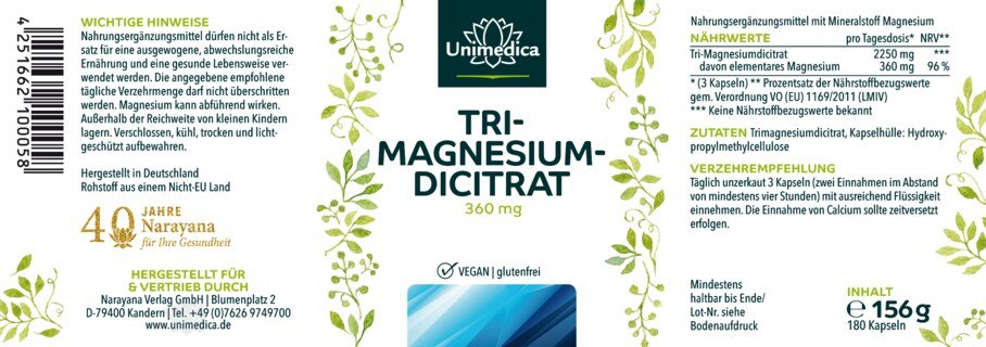 Magnesium - Tri-Magnesium Dicitrat - 360 mg elementares Magnesium pro Tagesdosis - 180 Kapseln - von Unimedica