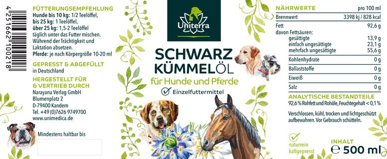 Huile de nigelle (cumin noir) pour chiens et chevaux - 500 ml - d'Unimedica