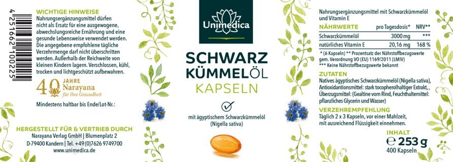 Schwarzkümmelöl Softgelkapseln - 3000 mg pro Tagesdosis (2 x 3 Kapseln) - 400 Softgelkapseln - von Unimedica