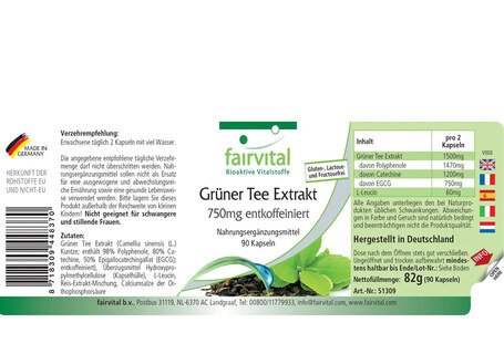 Grüner Tee Extrakt 750 mg entkoffeiniert - 90 Kapseln