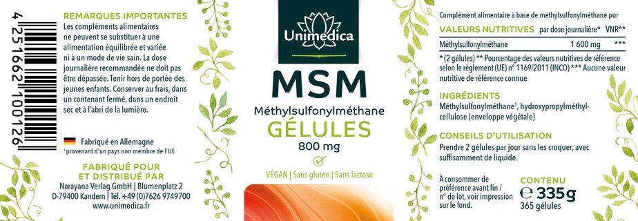 Gélules MSM - 365 gélules - Unimedica