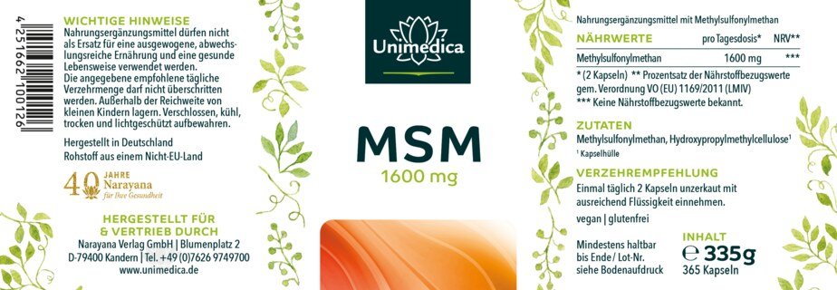 MSM - 1600 mg pro Tagesdosis (2 Kapseln) - hochdosiert - 365 Kapseln - von Unimedica