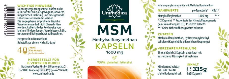 MSM capsules - 1600 mg per daily dose - 365 capsules  from Unimedica