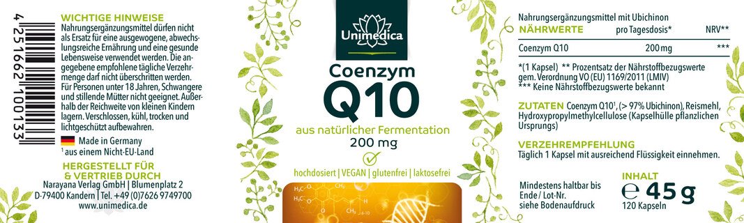 Coenzyme Q10 gélules - 200 mg par dose journalière - 120 gélules - Unimedica