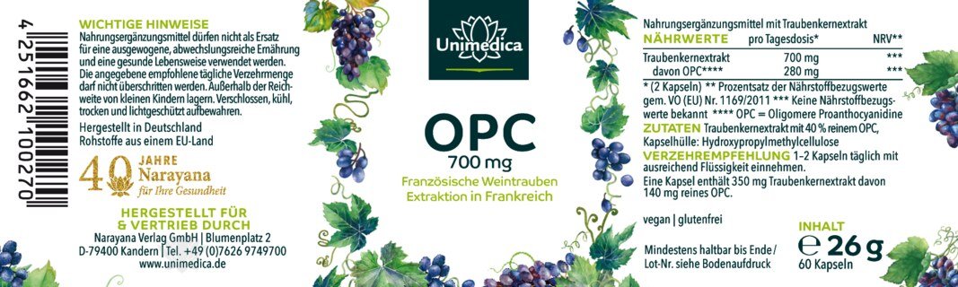 OPC - 280 mg pro Tagesdosis (2 Kapseln) - 60 Kapseln - von Unimedica - Topangebot