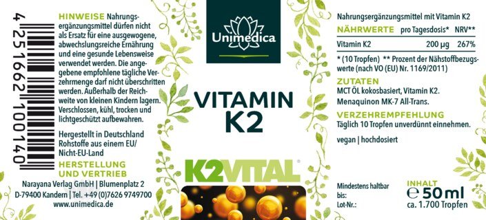 Vitamin K2 Tropfen - K2Vital - 200 µg pro Tagesdosis (10 Tropfen) -  MK7 All-trans - aus Norwegen - hochdosiert - 50 ml - von Unimedica
