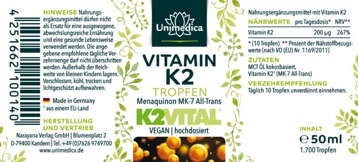 Vitamin K2 Tropfen - 200 µg pro Tagesdosis -  MK7 All-trans - hochdosiert - 50 ml - von Unimedica