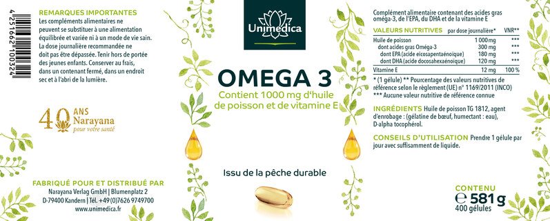 Huile de poisson aux oméga-3 -1000 mg - 400 gélules - Unimedica