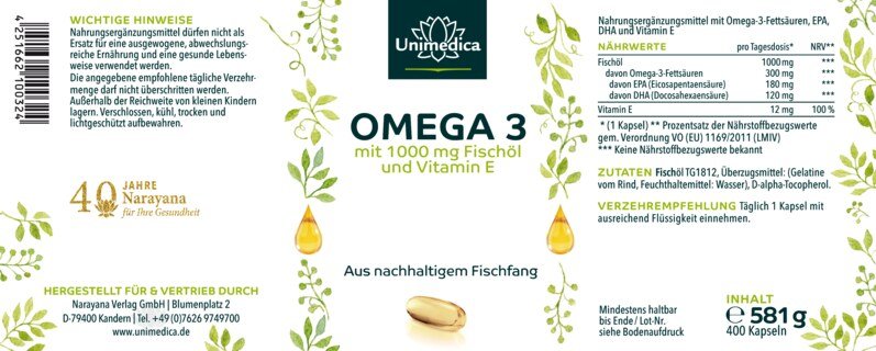 Omega 3 Fischöl - aus nachhaltigem Fischfang - 1000 mg pro Tagesdosis (1 Kapsel) - 400 Kapseln - von Unimedica