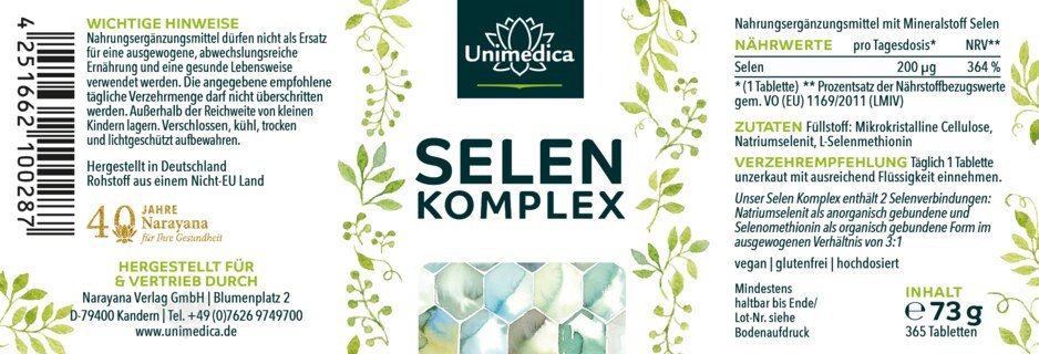 Selen Komplex - 200 µg pro Tagesdosis (1 Tablette) - hochdosiert - 365 Tabletten - von Unimedica