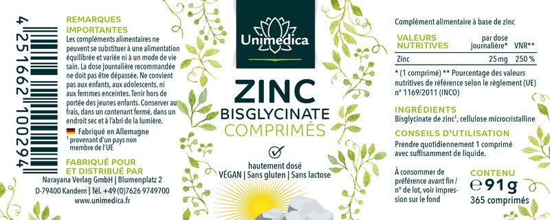 Zinc Bisglycinate - 25 mg par dose journalière - fortement dosé - 365 comprimés - de Unimedica