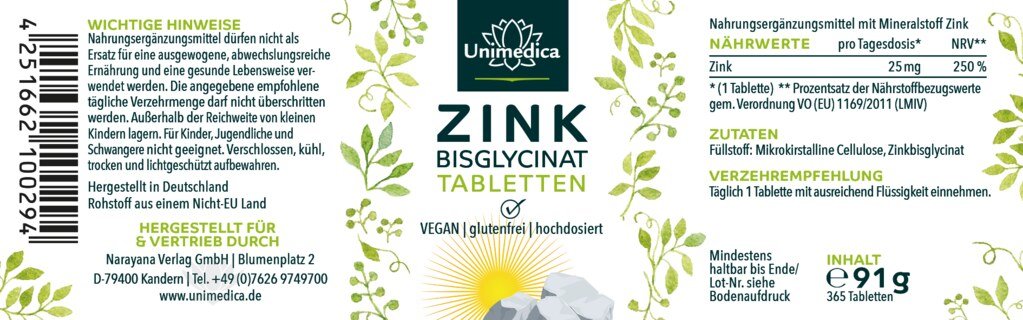 Zink Bisglycinat - 25 mg hochdosiert - 365 Tabletten - von Unimedica