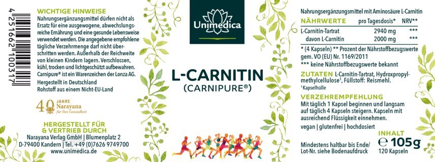 L-Carnitin (Carnipure®) - 2000 mg pro Tagesdosis (4 Kapseln) - 120 Kapseln - von Unimedica