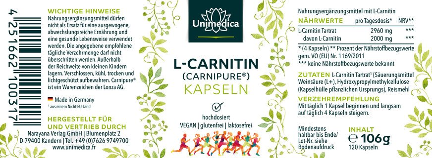 L-Carnitin (Carnipure®) - 2000 mg pro Tagesdosis (4 Kapseln) - 120 Kapseln - von Unimedica