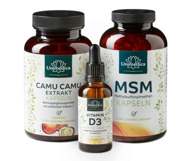 MSM 800 mg - 365 gélules, extrait de Camu Camu 500 mg - dosage élevé - 120 gélules et vitamine D3 en gouttes - 50 ml par kit - par Unimedica/