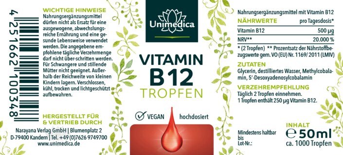 Vitamin B12 Tropfen - mit 500 µg Vitamin B12 pro Tagesdosis (2 Tropfen) -  ohne Alkohol -  VEGAN - 50 ml - von Unimedica