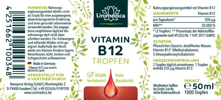 Vitamin B12 Tropfen - mit 500 µg Vitamin B12 pro Tagesdosis -  ohne Alkohol -  VEGAN - 50 ml - von Unimedica