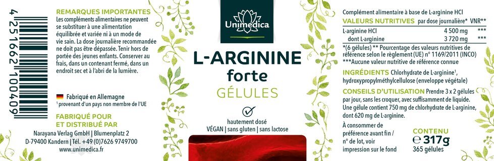 L-arginine forte  3 720 mg par dose journalière (6 gélules)  obtenue par fermentation naturelle  hautement dosée - végane - 365 gélules - par Unimedica