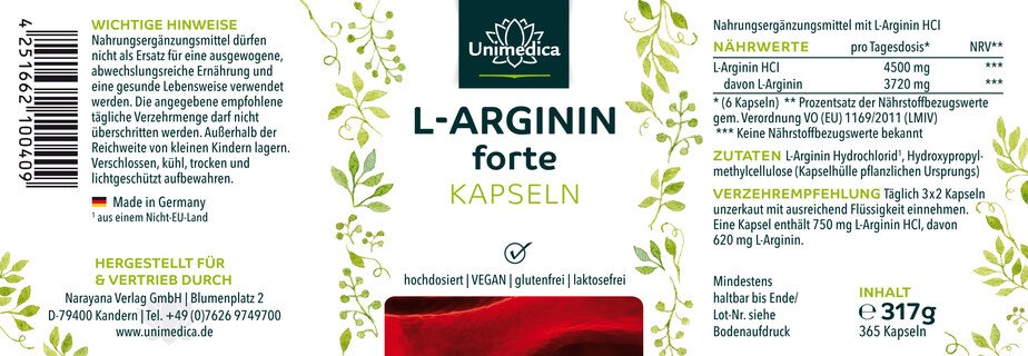 L-Arginin forte - 3720 mg pro Tagesdosis (6 Kapseln) - aus natürlicher Fermentation - hochdosiert - vegan - 365 Kapseln - von Unimedica