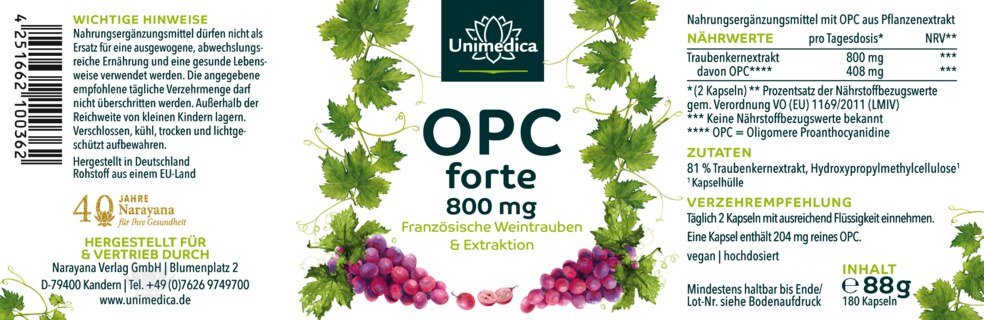 OPC forte - 800 mg Traubenkernextrakt pro Tagesdosis (2 Kapseln) - 180 Kapseln - aus Wasserextraktion - von Unimedica