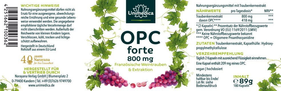 OPC forte - 800 mg d'extrait de pépins de raisin par dose journalière (2 gélules) - 180 gélules - obtenu par extraction aqueuse - par Unimedica