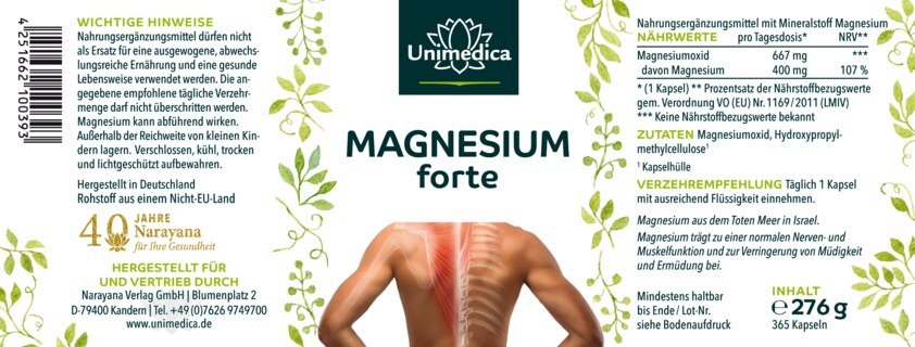 Magnesium forte - 400 mg Magnesium pro Tagesdosis (1 Kapsel) - 365 Kapseln - von Unimedica