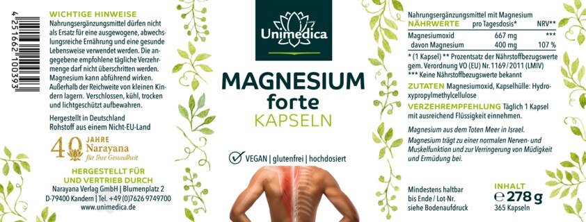 Magnesium forte - 400 mg par dose quotidienne (1 gélule) - 365 gélules - par Unimedica