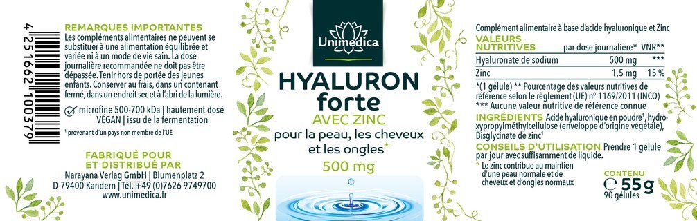 Hyaluron forte - 500 mg dosage élevé - 90 gélules - par Unimedica